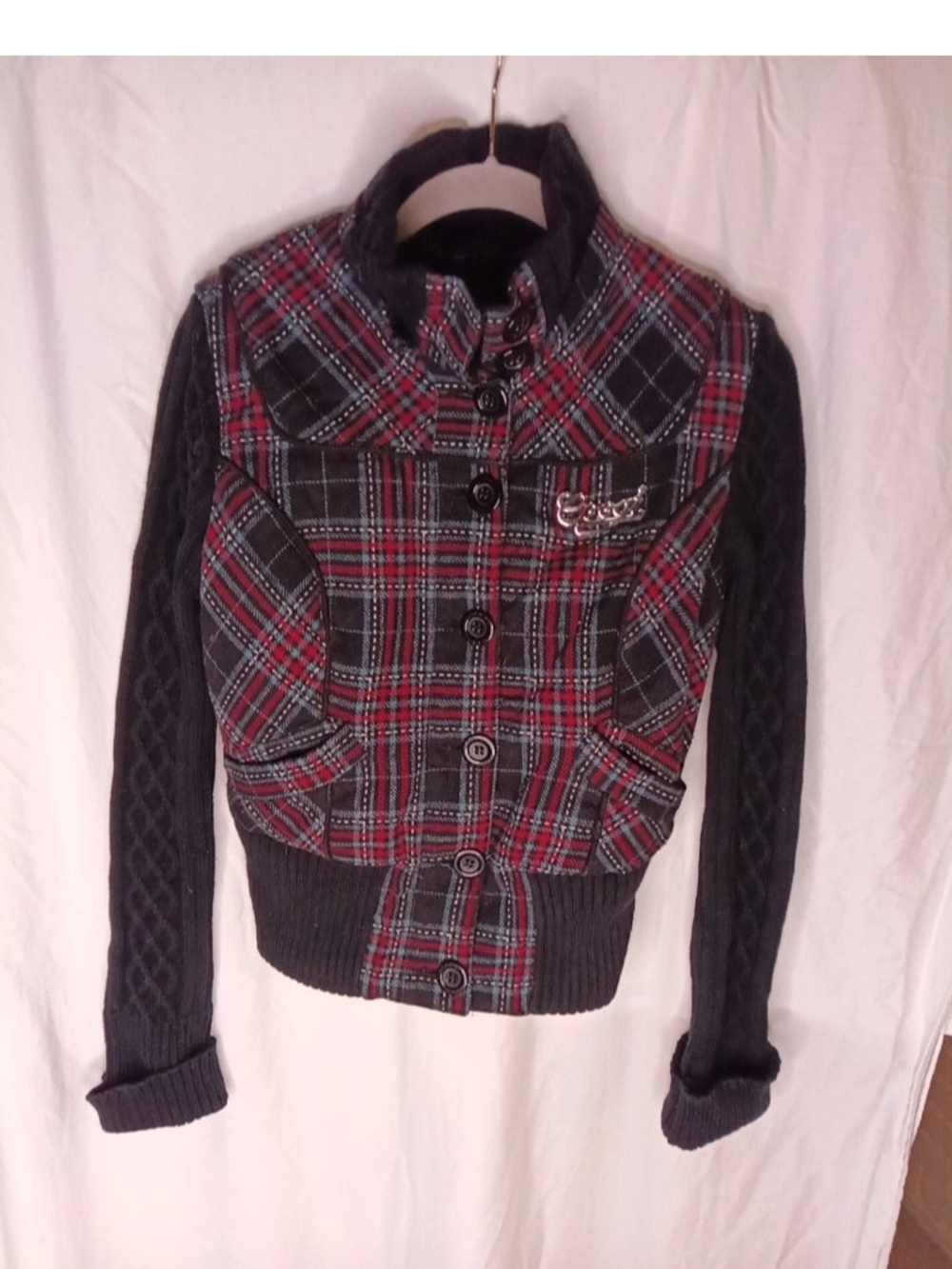 Vintage Coogi Wool Plaid Jacket Cable Knit Sleeves Size Medium